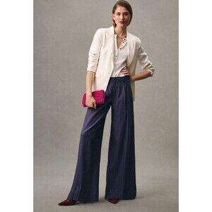 Anthropologie Pants Wide Leg Women Preppy Blue Stripe Cotton Retro Size 14 NWT